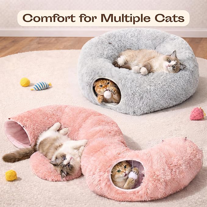 Meowfia Indoor Cat Tunnel with Donut Bed - Large Flexible Play Space for Multiple Pets - Circle or Snake Shape, Cozy Lounge (Pink)