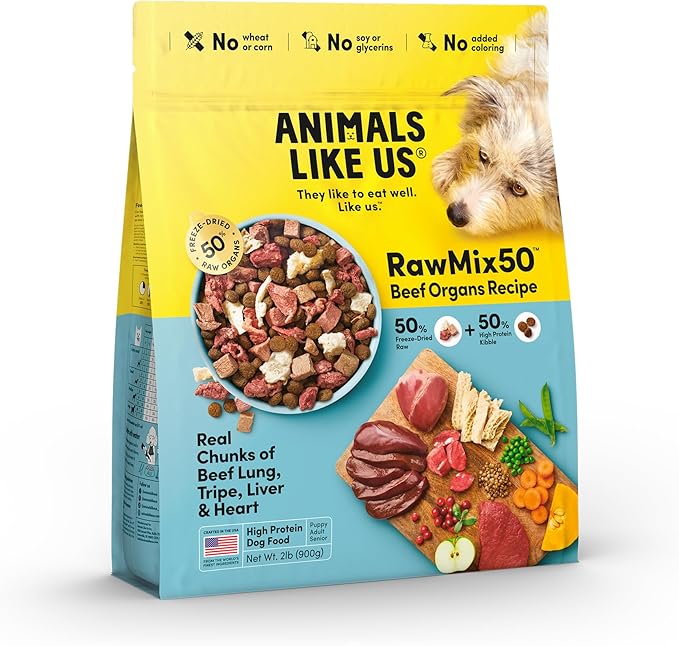 RawMix50 Beef Organs Dog Food, 50% Freeze-Dried Raw, High Protein, Grain-Free Kibble, No Corn or Wheat, Complete and Balanced, 2lb