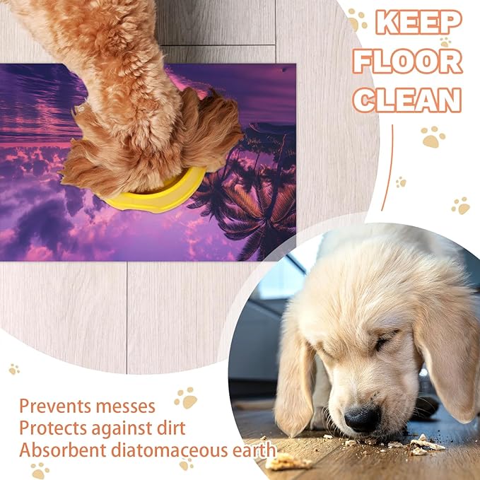 Hawaiian Sunset Dog Food Mat for Floors Absorbent, Quick Dry Water Dispenser Mat for Food, Water, Pet Supplies 17" x 30", Beach