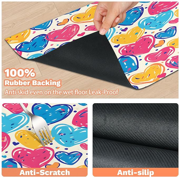 Colorful Heart Dog Food Mat for Floors Absorbent, Quick Dry Water Dispenser Mat for Food, Water, Pet Supplies 16" x 24", Love