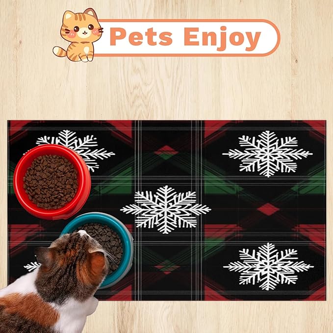 Xmas Snowflake Dog Food Mat for Floors Absorbent, Quick Dry Water Dispenser Mat for Food, Water, Pet Supplies 17" x 30", Buffalo Check