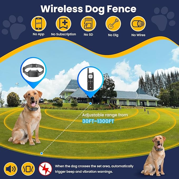 Wireless Dog Fence, Electric Fence for Dogs,Training Collar with Remote Control 3800FT Range, Portable Dog Perimeter Collar with 3 Training Mode Flash Light & Waterproof 2Pack