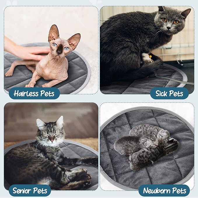 2 Pcs Self Warming Cat Mat Round Self Heating Pad Bed Reversible Machine Washable Heated Bed Anti Slip Warming Pad Pet Mat for Cat Crate Indoor Outdoor(Gray,16 Inch)