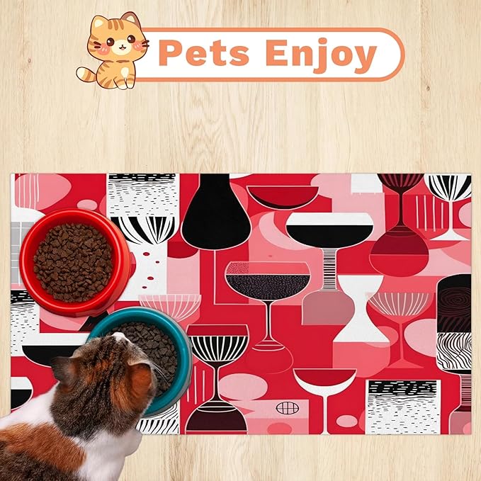 Rose Wine Glass Dog Food Mat for Floors Absorbent Dog Bowl Mat for Food and Water Dispenser Quick Dry Cat Food Placemat Pet Supplies 17" x 30", Wine