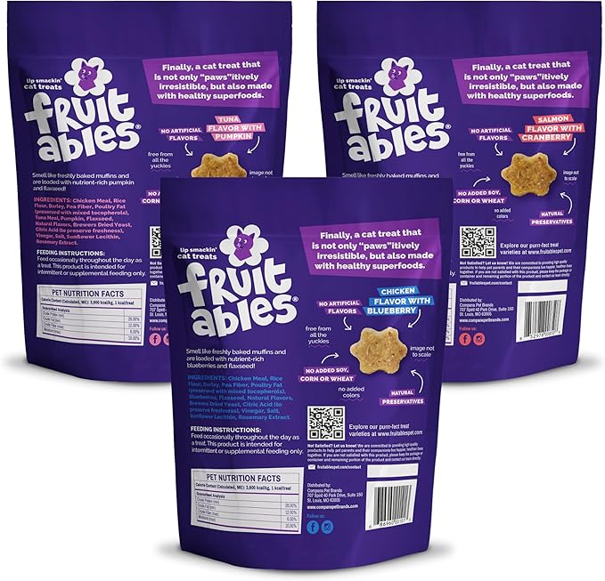 Fruitables Cat Treats - Crunchy Treats for Cats - Healthy Low Calories Packed with Protein - Free of Wheat, Corn and Soy - Made with Real Salmon, Tuna, Chicken - 2.5 Oz (3 Pk)