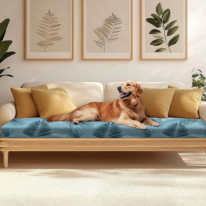 HANDONTIME 8Pcs Outdoor Patio Cushion Covers Palm Leaves Stretch Couch Cushion Cover Patio Couch Slipcover for Outdoor/Indoor Washable Non-Slip Furniture Protector for Pets (Dusty Teal,Cover Only)