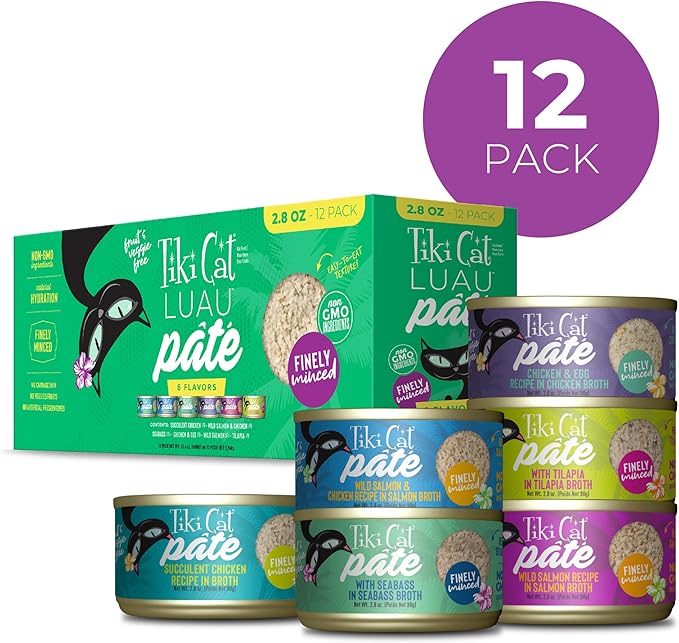 Tiki Cat Luau Pâté Variety Pack, Succulent Combinations of Real Protein, Grain-Free Balanced Nutrition Wet Canned Cat Food, for All Life Stages, 2.8 oz. Cans (Pack of 12)