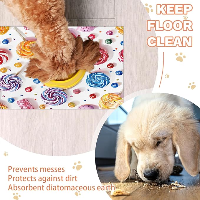 Rainbow Lollipop Dog Food Mat for Floors Absorbent Dog Bowl Mat for Food and Water Dispenser Quick Dry Cat Food Placemat Pet Supplies 24" x 32", Sweet Theme