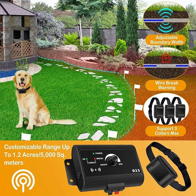 Wireless Electric Dog Fence System,In-ground/Aboveground Pet Boundary Containment System,Covers up to 1/2 Acre(650 Ft Wire,Waterproof & Rechargeable Collar,Shock/Tone Correction,for 1 2 3 Dogs),A,300M