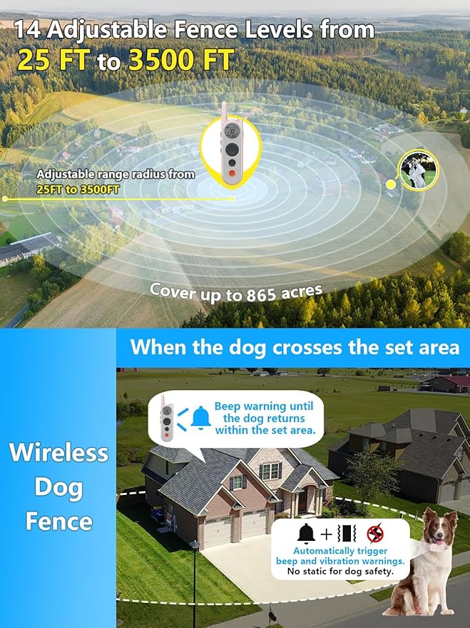 Wireless Dog Fence System Electric Fence for Dogs 6000FT Shock Collar for Dogs Training Collar with Remote Waterproof Rechargeable Safe Pet Containment System Boundary for 1 Large Medium Dog