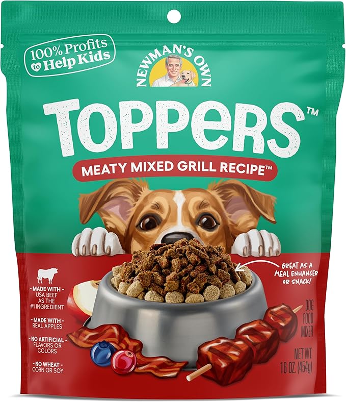 Newman's Own Toppers - Meal Topper for Dry Dog Food - Wet Topper for Picky Dogs - Beef as The First Ingredient - Made in The USA - Meaty Mixed Grill Recipe - 16 oz Resealable Pouch
