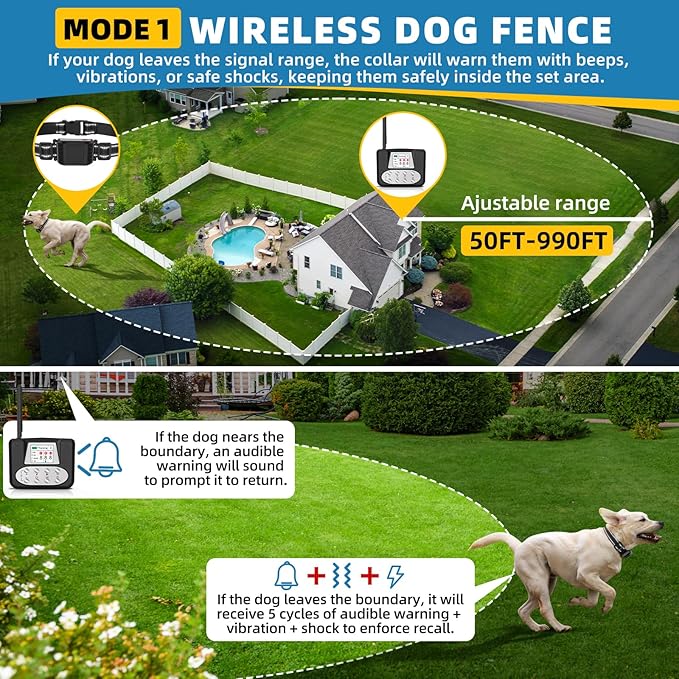 Wireless Dog Fence System for 2 Dogs, Electric Dog Fence with LCD Screen, Adjustable Warning Strength, Range 50-999ft, Rechargeable Wireless Pet Fence for Outdoor Use