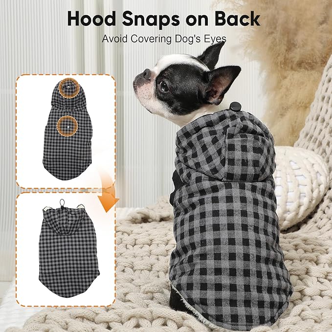 Fleece Lining Dog Hoodie for Medium Dogs Extra Warm Plaid Sweater with Drawstring Hooded Coats in Winter Doggie Jacket,Black L
