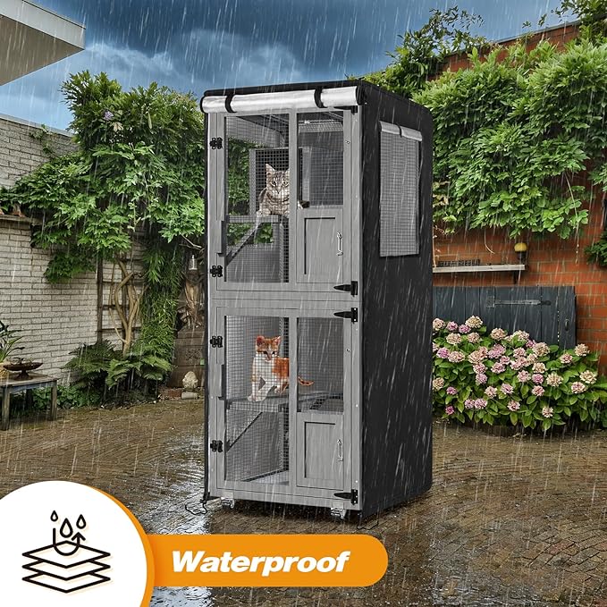Catio Cover,26"L x 25"W x 63"H Cover for Catio Outdoor Cat Enclosure Waterproof, 420D Cat Cage Covers for TRYKERPET 4 Tiers Catios, Outdoor Cats Enclosure Covers(Black)(Catios Not Included)