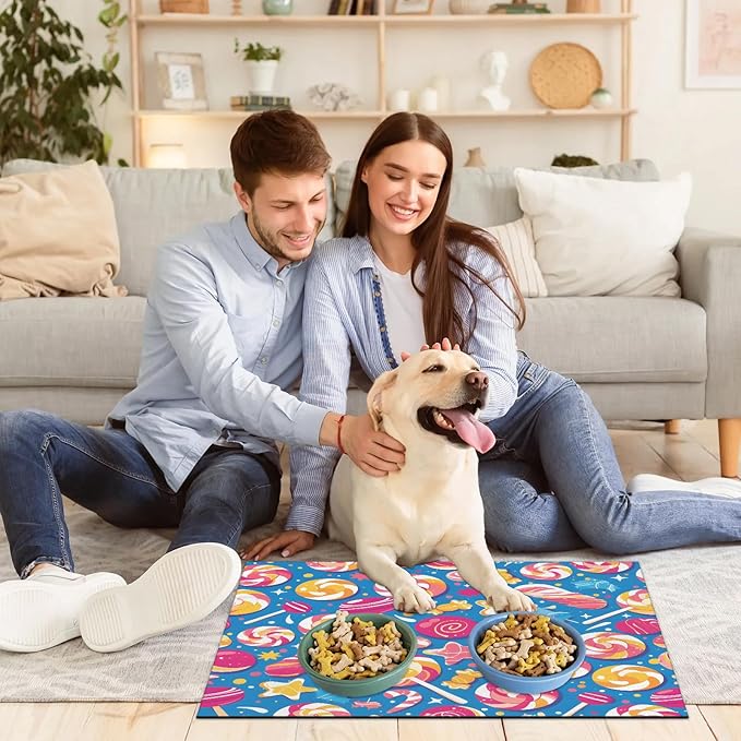 Colorful Candy Dog Food Mat for Floors Absorbent Dog Bowl Mat for Food and Water Dispenser Quick Dry Cat Food Placemat Pet Supplies 24" x 32", Rainbow Lollipop