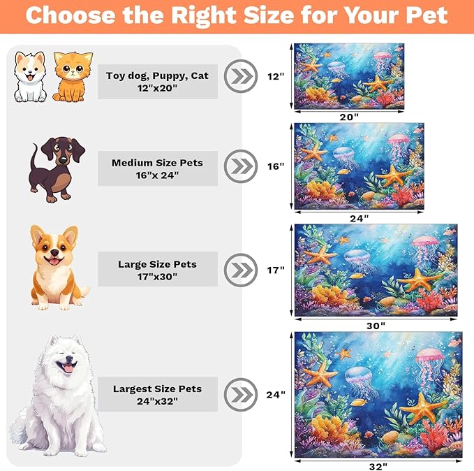 Undersea Nautical Dog Food Mat for Floors Absorbent Dog Bowl Mat for Food and Water Dispenser Quick Dry Cat Food Placemat Pet Supplies 24" x 32", Starfish Coral