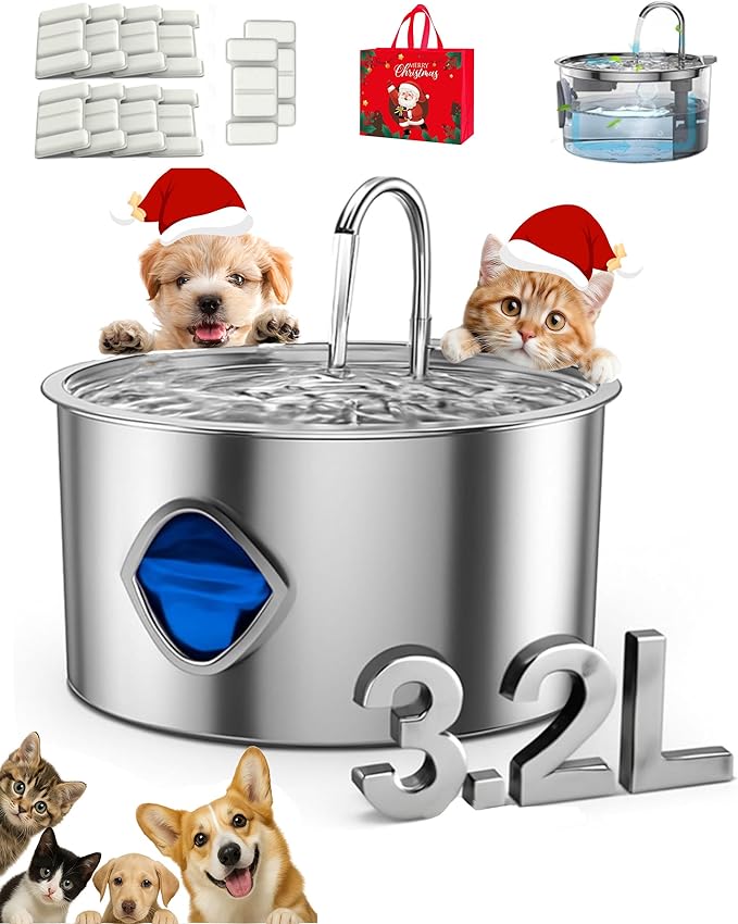 Dog Bowl with 10 Filter, 3.2L Stainless Steel Quiet Dog Water Bowl with Visual Water Level & Quadruple Filtration, Fresh Flow Dog Water Fountain Filters for Dogs/Cats (1PCS+10 Filter)