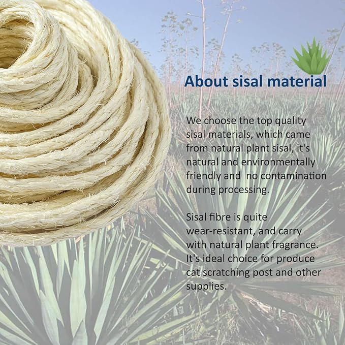 WePet Cat Natural Sisal Rope for Scratching Post Tree Replacement, Hemp Rope for Repairing, Recovering or DIY Scratcher, White, 90FT