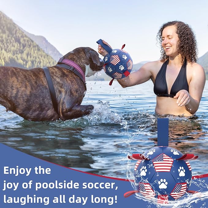 QDAN Dog Toys, Soccer Ball with Straps, Durable Dog Balls for Small Medium, Beach Pool Dog Water Toy (6 Inch)