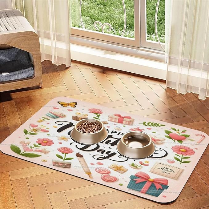 Pet Cat Dog Food Mat Absorbent Dog Feeding Mat Happy Mother's Day Floral Gift Mom L No Stains Cat Food Mats Indoor Pet Supplies Dogs Placemat Water Bowl Mats with Rubber Backing 18X12In