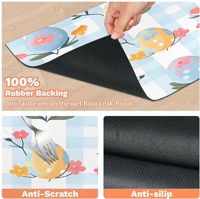 Happy Easter Dog Food Mat for Floors Absorbent Dog Bowl Mat for Food and Water Dispenser Quick Dry Cat Food Placemat Pet Supplies 16" x 24", Blue White Plaid