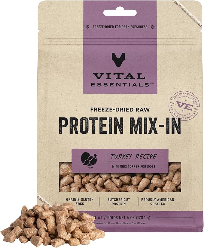 Vital Essentials Freeze Dried Raw Dog Food Topper, Turkey Mini Nibs Topper for Dogs | High Protein, Low Carb, Grain Free, Dry Dog Food Topper | 6 oz