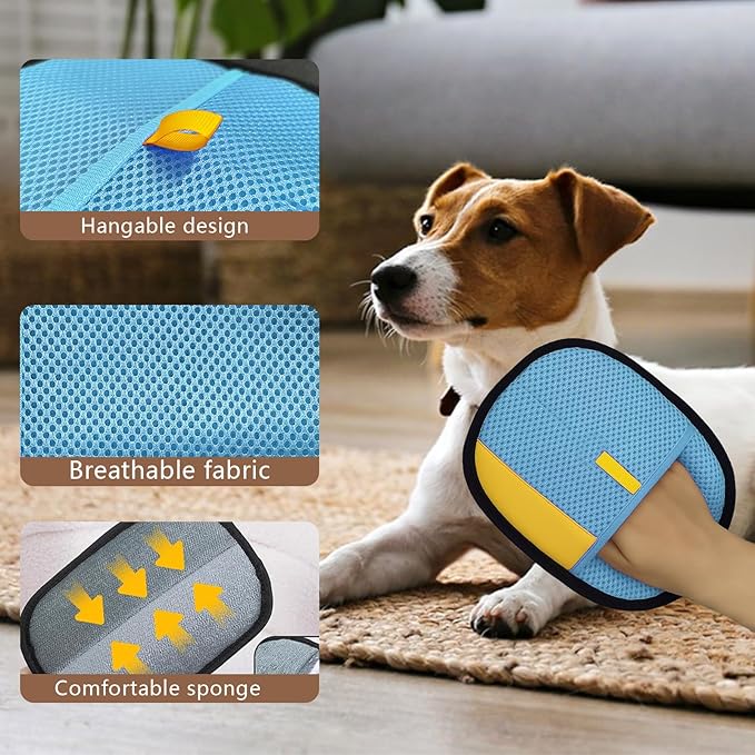 2pcs Set Pet Hair Remover Glove, Grooming Gloves for Dogs and Cats,Reusable Cat & Dog Hair Remover for Couch Furniture+Free Comb (Blue)
