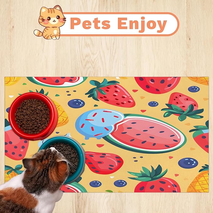 Ice Cream Dog Food Mat for Floors Absorbent Dog Bowl Mat for Food and Water Dispenser Quick Dry Cat Food Placemat Pet Supplies 17" x 30", Watermelon Strawberry
