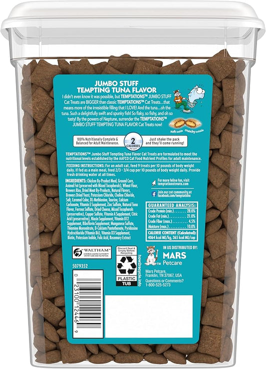 Temptations Jumbo Stuffed Cat Treats, Crunchy and Soft Cat Treats, Tempting Tuna Flavor, 14 oz. Tub
