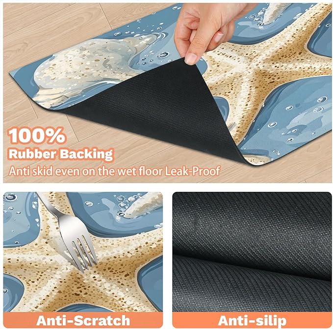 Starfish Dog Food Mat for Floors Absorbent Dog Bowl Mat for Food and Water Dispenser Quick Dry Cat Food Placemat Pet Supplies 24" x 32", Beach Seashells