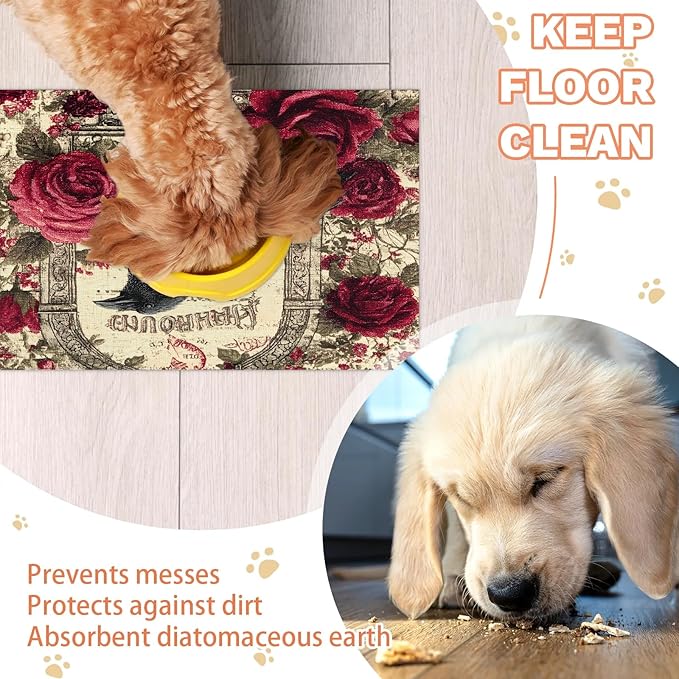 Halloween Raven Dog Food Mat for Floors Absorbent, Quick Dry Water Dispenser Mat for Food, Water, Pet Supplies 12" x 20", Vintage Flower