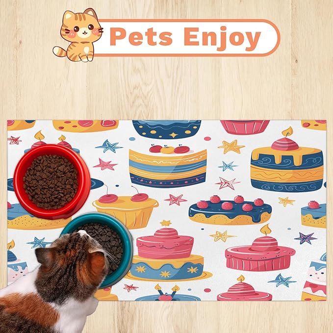 Cake Dog Food Mat for Floors Absorbent Dog Bowl Mat for Food and Water Dispenser Quick Dry Cat Food Placemat Pet Supplies 12" x 20", Dessert Food