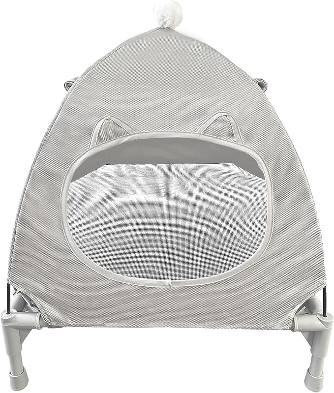 Pozico Elevated Pet Bed with Breathable Mesh for Small Cat and Dog, Raised Cooling Pet Cot for Puppy and Kitty, 18.9x18.9 inch (Gray Bed with Canopy)
