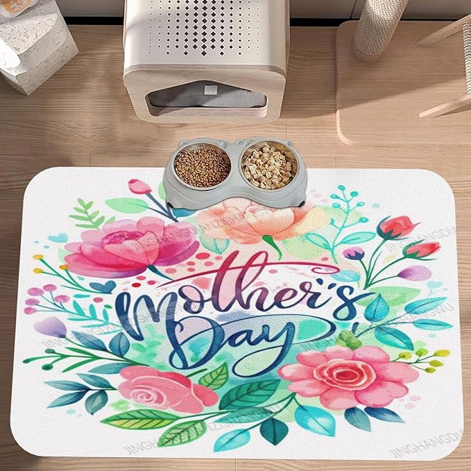 Pet Feeding Mat for Dogs Cats Happy Mother's Day Floral Gift for Mom Bj Absorbent Dog Food Mat Non-Slip Waterproof Placemat Quick Dry Pet Supplies Bowl Mats