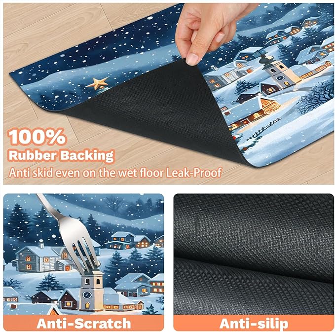 Snowy Countryside Dog Food Mat for Floors Absorbent, Quick Dry Water Dispenser Mat for Food, Water, Pet Supplies 24" x 32", Merry Christmas