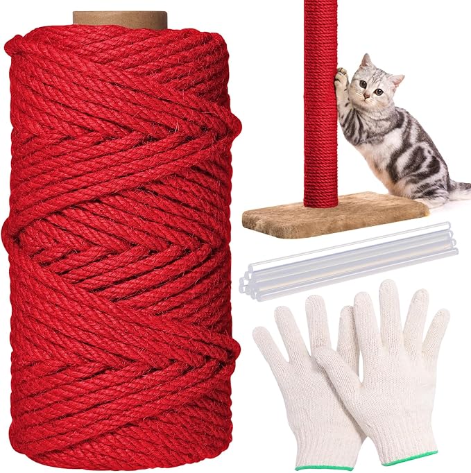 1/4inch ×164Ft Natural Cat Tree Hemp Rope, DIY Repair and Replace Scratching Post Sisal Rope for Scratching Post Cat Tree Tower DIY(Red)