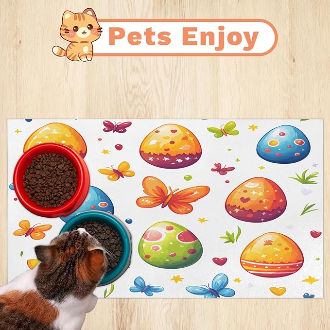 Spring Easter Dog Food Mat for Floors Absorbent Dog Bowl Mat for Food and Water Dispenser Quick Dry Cat Food Placemat Pet Supplies 12" x 20", Spring Butterfly