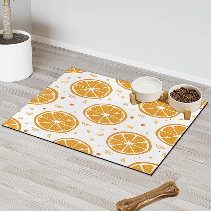 Summer Lemon Dog Food Mat for Floors Absorbent Dog Bowl Mat for Food and Water Dispenser Quick Dry Cat Food Placemat Pet Supplies 12" x 20", Watercolor Fruit