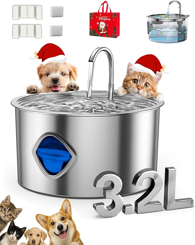 Dog Water Bowl with 10 Filter, 3.2L Stainless Steel Quiet Dog Fountain Water Bowl with Visual Water Level & Quadruple Filtration, Fresh Flow Dog Water Fountain for Dogs/Cats (1PCS+2 Filter)