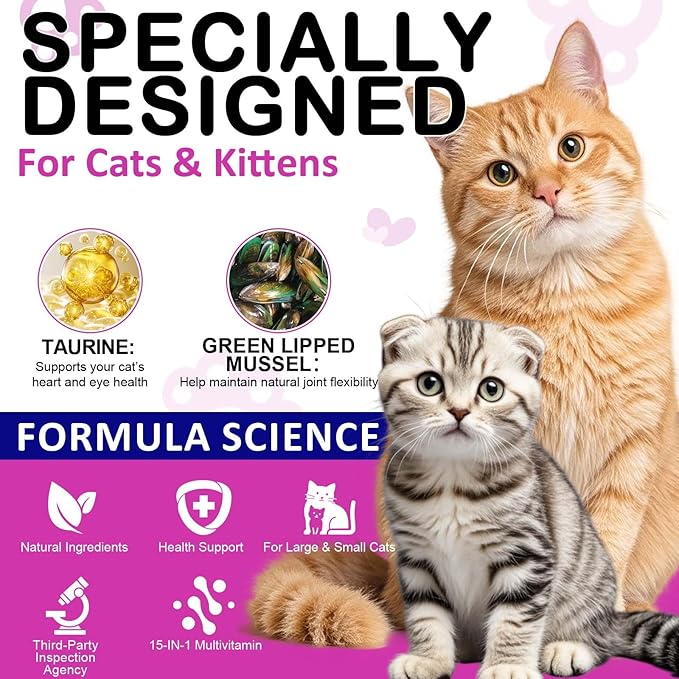 Cat Multivitamin Chews,15 in 1 Cat Vitamins Treats - Multivitamin, Taurine, Omega 3, Biotin, Prebiotics for Health + Immune Support, Skin & Coat, & Digestion (1)