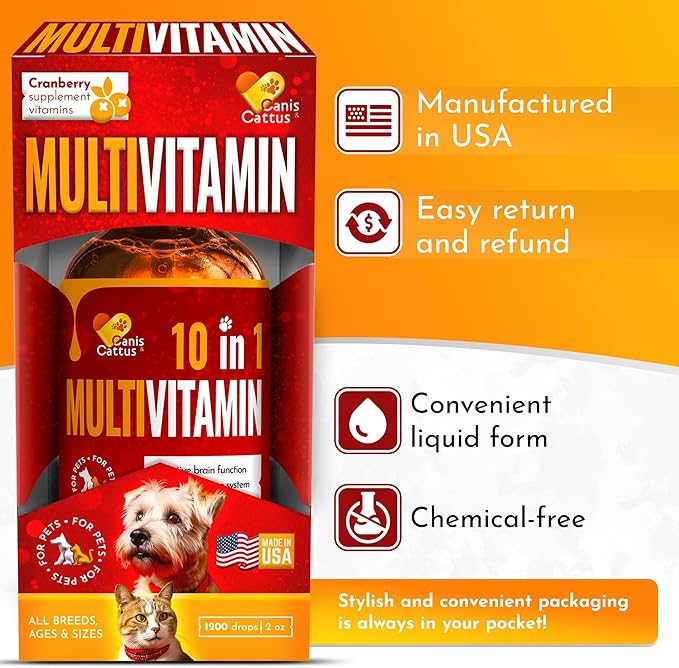 Cat Vitamins for Indoor Cats for Breathing & Digestion | Liquid Multivitamin for Dogs as Bladder Control Supplements | Dog Vitamins to Support Joints, Eyes, Skin & Coat | 2 Oz