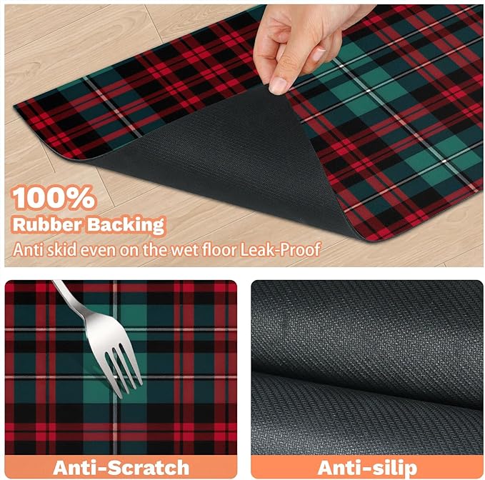 Christmas Plaid Dog Food Mat for Floors Absorbent, Quick Dry Water Dispenser Mat for Food, Water, Pet Supplies 12" x 20", Red Green Check