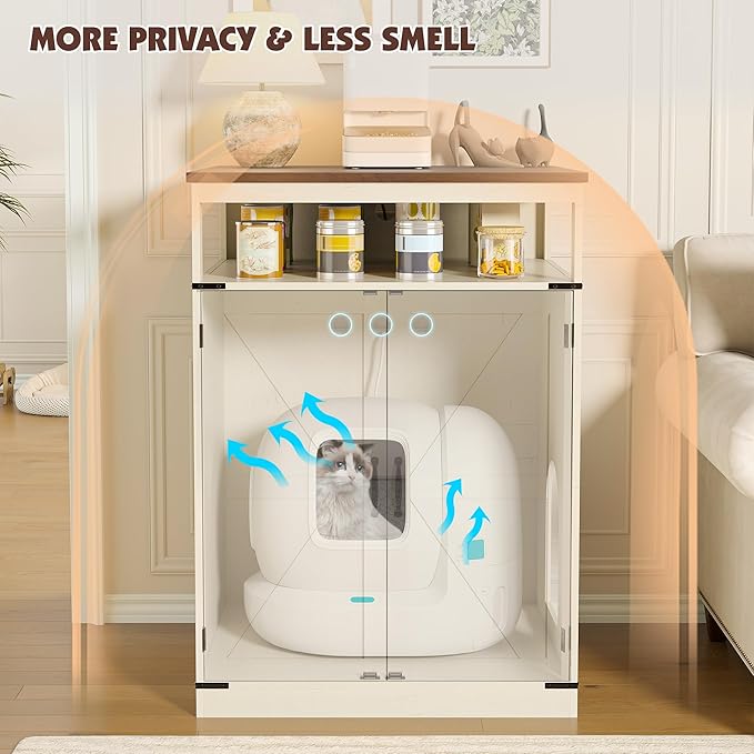 Large Litter Box Furniture with Charging Station and Shelves, Wooden Cat Litter Box Enclosure for Self-Cleaning Litter Boxes, White