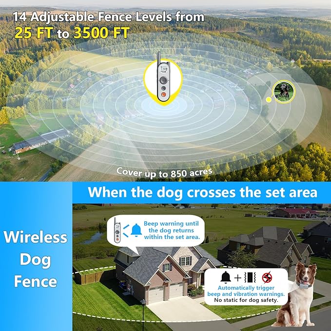 X3 Wireless Dog Fence Training Collar 2-in-1 (3500ft Fence) for Large/Medium/Small Dogs with 3 Training Modes,Rechargeable IPX7 Waterproo (Grey,only 1 Collar)
