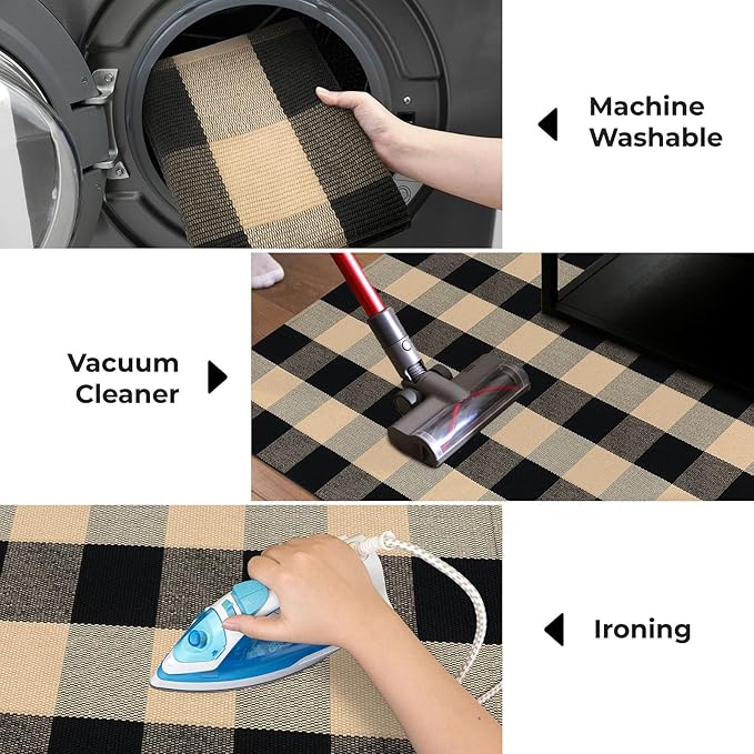 KOZYFLY Buffalo Plaid Area Rugs 27.5x43 Inches Brown and Black Checkered Rug Washable Front Door Mat Hand Woven Cotton Outdoor Rugs Small Rug for Front Porch Kitchen Entryway Patio Bathroom
