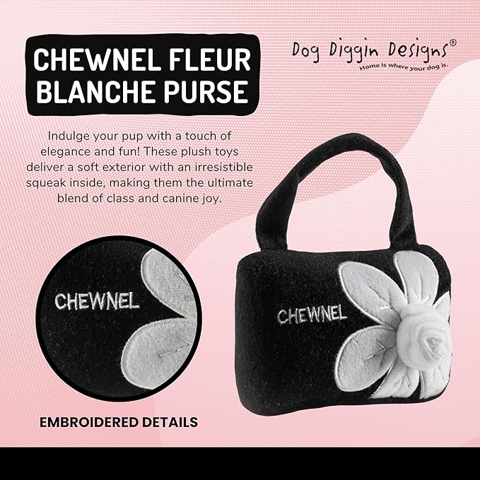 Dog Diggin Designs Chewnel Fleur Blanche Plush Dog Toy Purse | Luxury-Inspired Parody Designer Floral Handbag with Squeaker, Soft Plush Fashion Dog Toy – Haute Couture Purses & Handbags