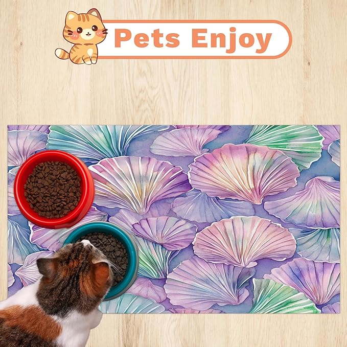 Watercolor Shell Dog Food Mat for Floors Absorbent Dog Bowl Mat for Food and Water Dispenser Quick Dry Cat Food Placemat Pet Supplies 12" x 20", Coastal Seashell