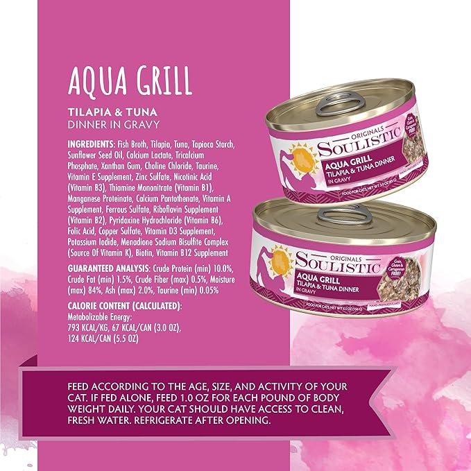 Soulistic Originals, Aqua Grill Tilapia and Tuna Dinner in Gravy, 5.5oz Can, Pack of 8