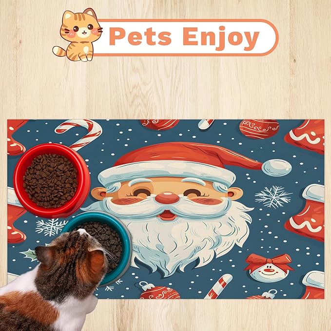 Santa Claus Dog Food Mat for Floors Absorbent, Quick Dry Water Dispenser Mat for Food, Water, Pet Supplies 16" x 24", Christmas Holly
