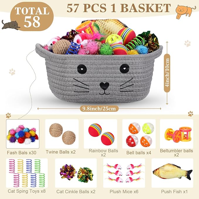 Zopeal 58 Pcs Easter Cat Storage Basket Gift Toys Set, Colorful Flashing Balls Pet Bell Crinkle Balls Spring Toys Attract Cat to Swat, Hunt, Interactive for Pet(Grey,9.8 Inch)